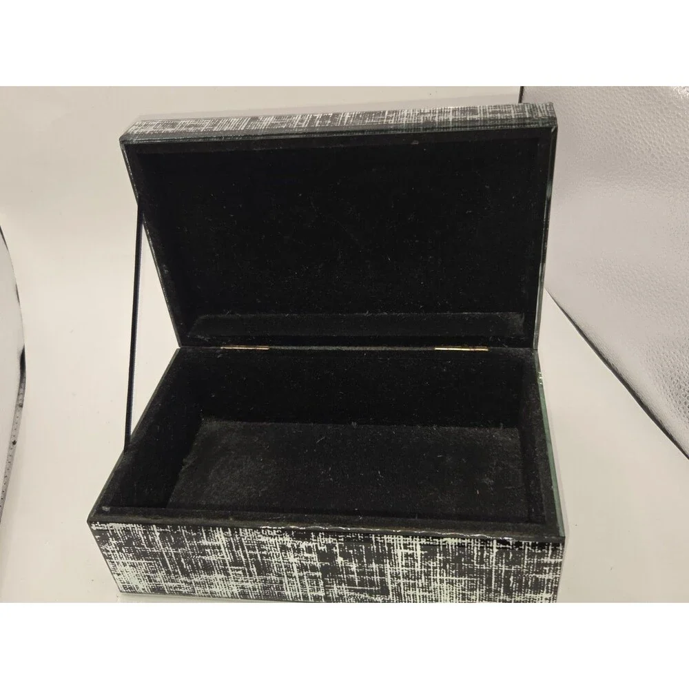 Vintage Glam Speckled Glass Trinket Box Beveled Panels Jewelry Box Silver Black